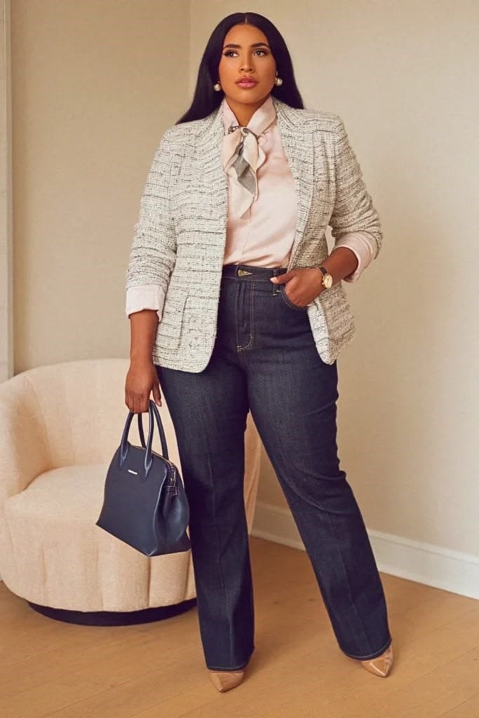 Plus size woman wearing dark wash jeans with a fitted blazer for a business office outfit