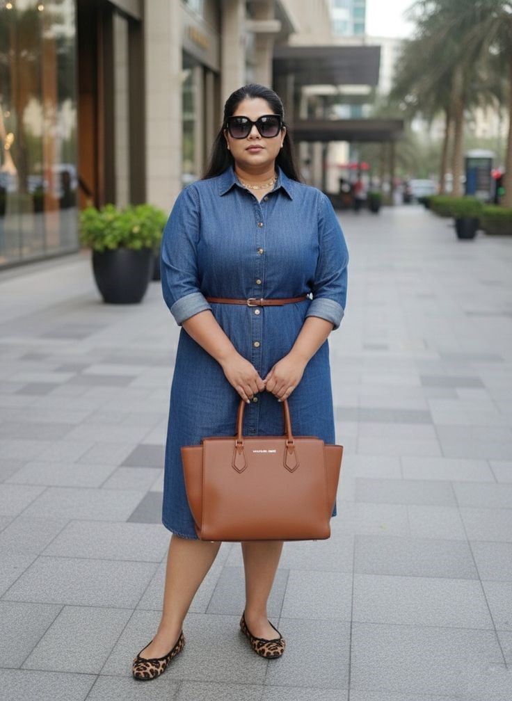 Plus size woman wearing a casual denim dress for an everyday outfit.