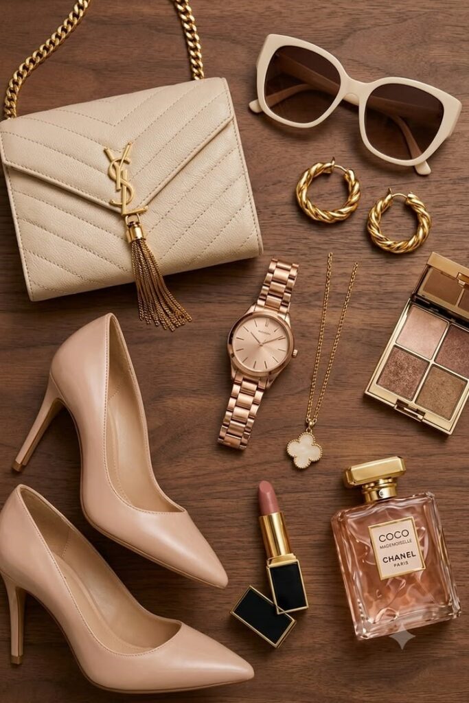 Neutral fashion accessories including nude heels, handbag, watch, sunglasses, gold jewelry, and perfume for styling outfits.