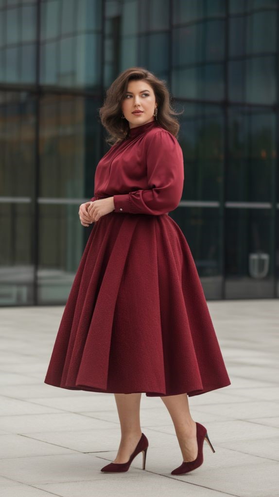 Plus size woman wearing a fit-and-flare midi dress with classic pumps for an elegant business casual office look