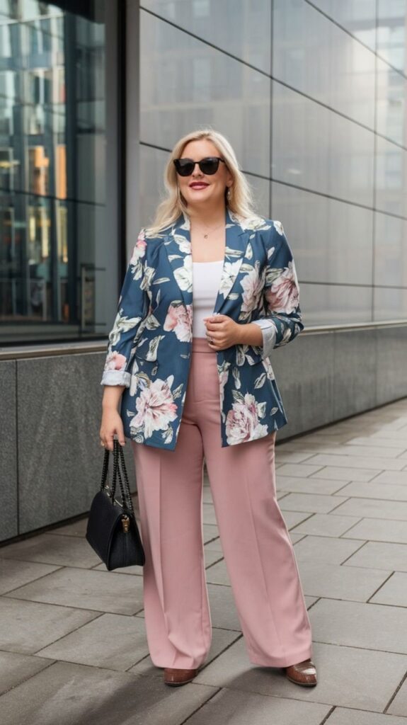 Plus-size woman wearing a blue floral blazer with blush pink wide-leg trousers and a white top for a stylish work outfit.
