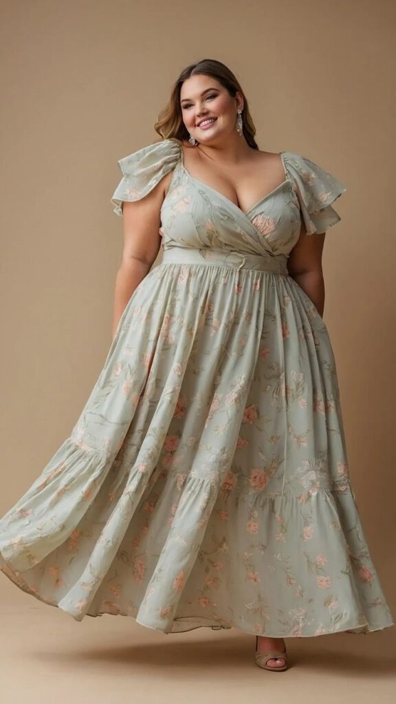 Plus size woman wearing a beautiful floral dress in a garden setting.
