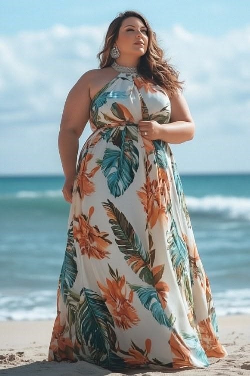 Plus size floral maxi dress with a flowing floor-length silhouette.
