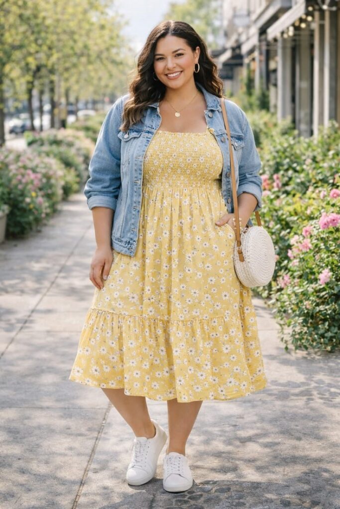 Plus-size woman wearing a floral midi dress with white sneakers for a fresh spring outfit