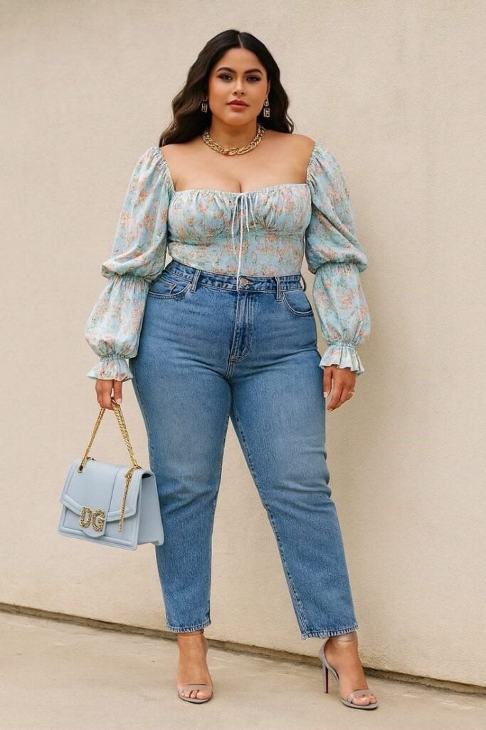 Plus-size woman wearing a floral blouse with blue jeans and a matching blue handbag to create a coordinated outfit.