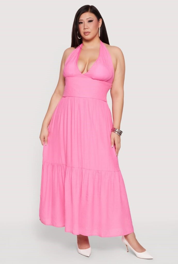 Plus size halter maxi dress with an elegant floor-length silhouette.