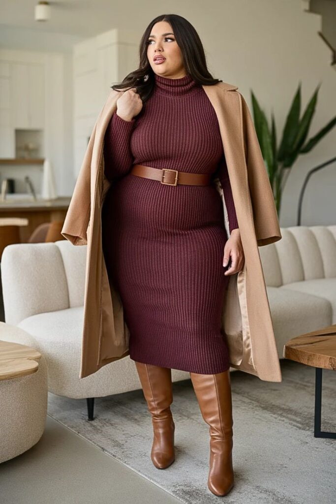 Plus size woman wearing a knit dress with a belted coat and knee-high boots for winter