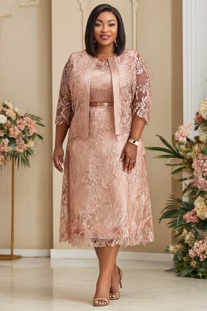 Plus size woman wearing an elegant lace dress for a wedding or special event.