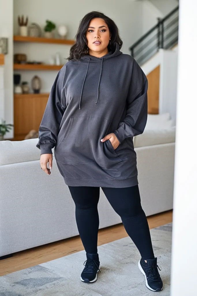 Plus-size woman wearing high-waisted leggings with an oversized sweatshirt and sneakers.