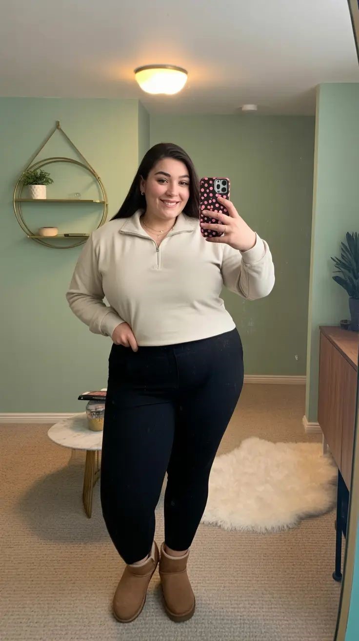 Plus size woman wearing a lightweight base layer for a winter layering outfit