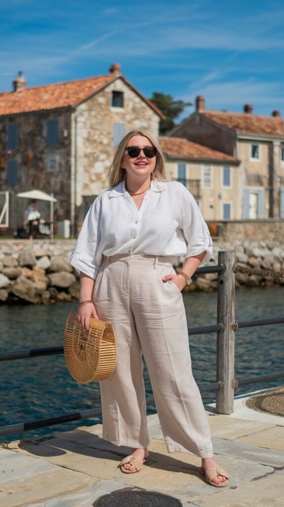 Plus size woman wearing a white linen shirt with straight-leg trousers and flat sandals.