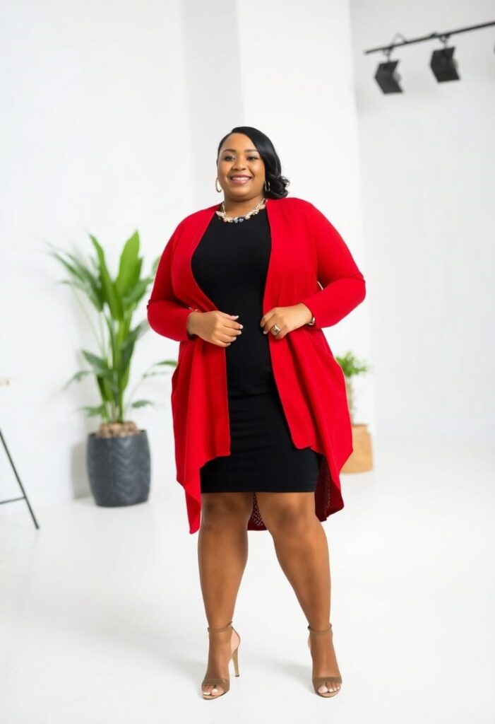Plus-size woman styling a little black dress with a colorful cardigan for spring.
