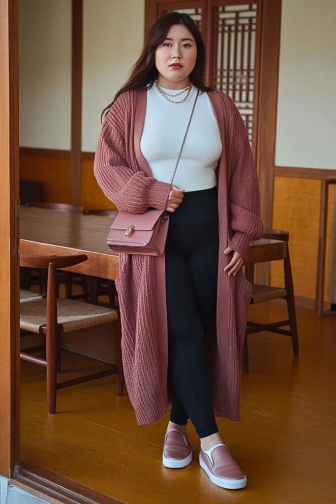 Plus size woman wearing a longline cardigan with slim-fit trousers for wor