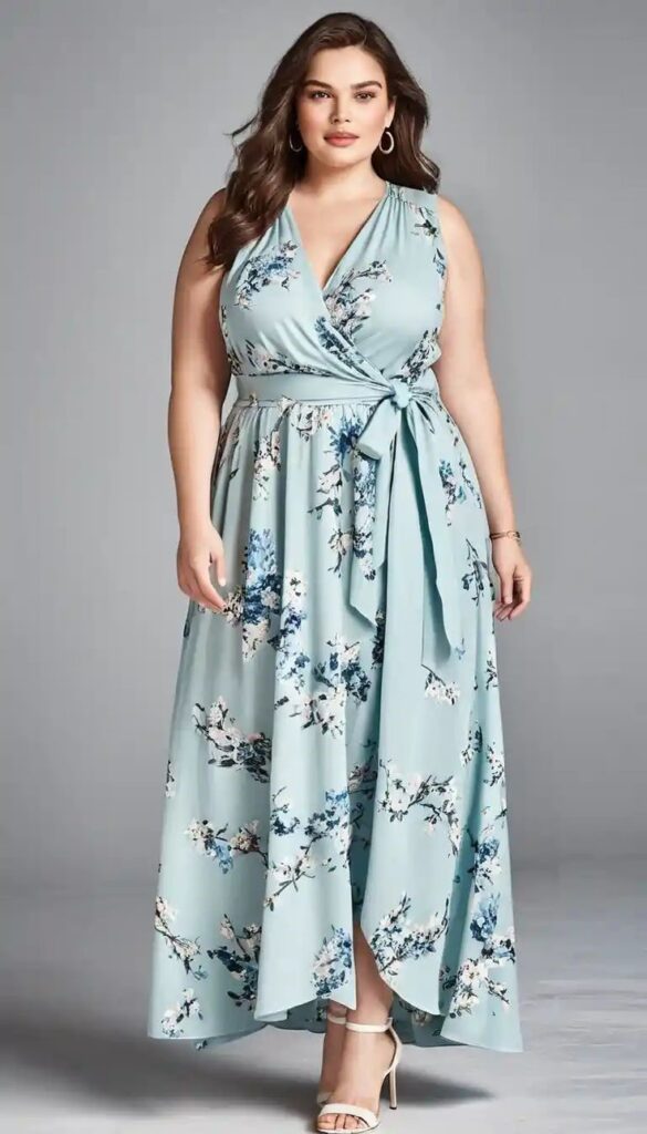 Curvy woman wearing a flowing maxi wrap dress 