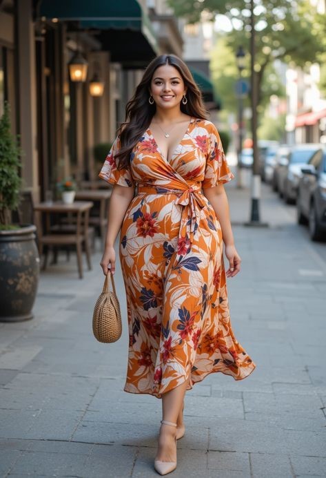 Plus-size orange floral wrap dress styled with neutral accessories to show how to wear bold prints with confidence.