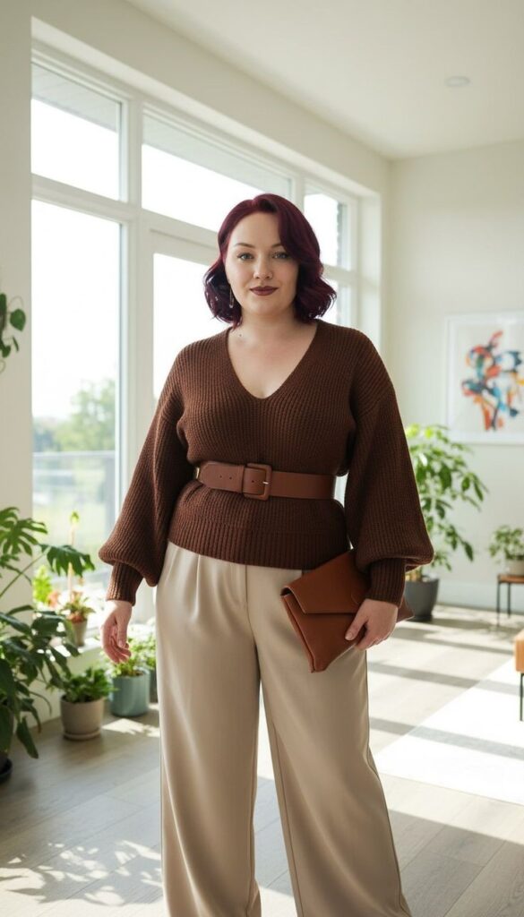 Woman with auburn hair wearing a brown knit sweater, cream trousers, and a matching leather belt and clutch.