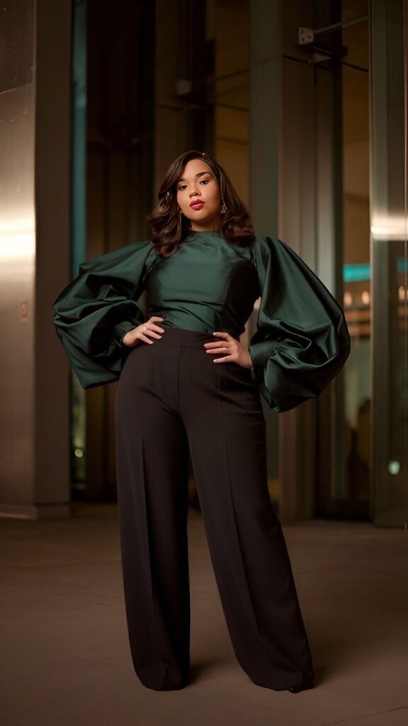 Elegant plus size outfit featuring a satin blouse and tailored pants.