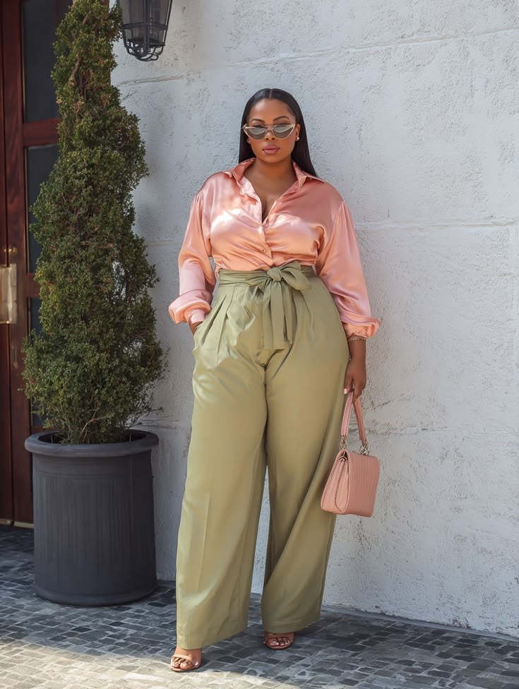 Paperbag trousers with a blouse for a plus size office look