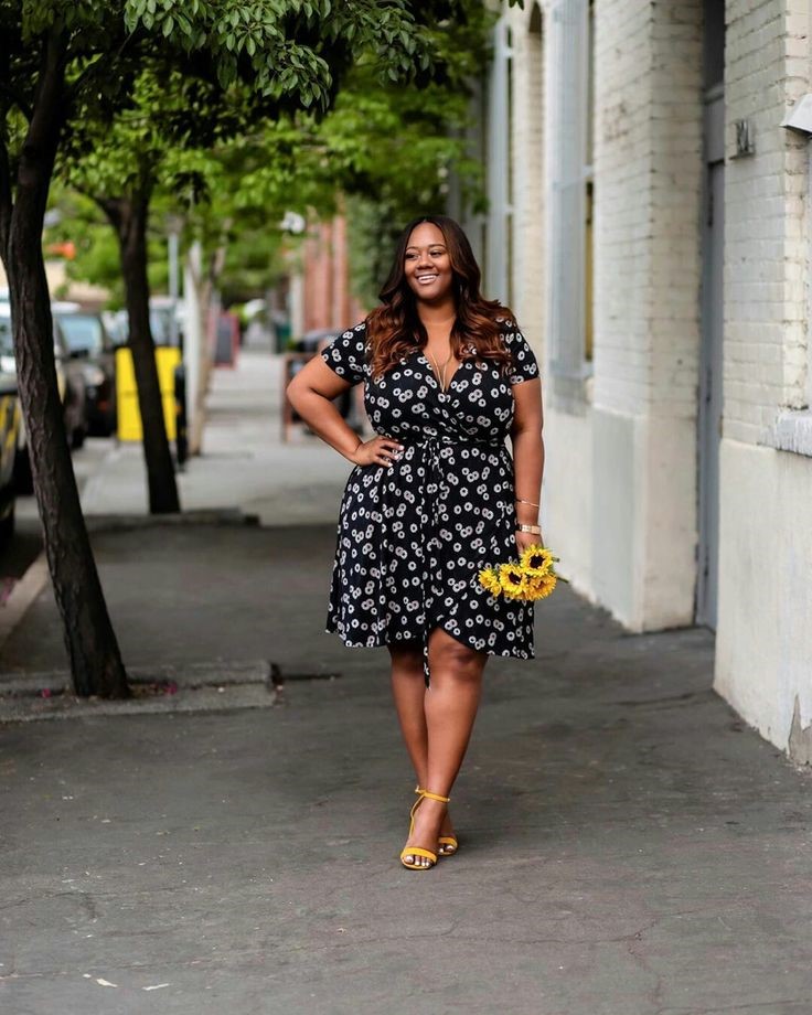 Plus size woman wearing a classic polka dot dress for a chic everyday outfit.