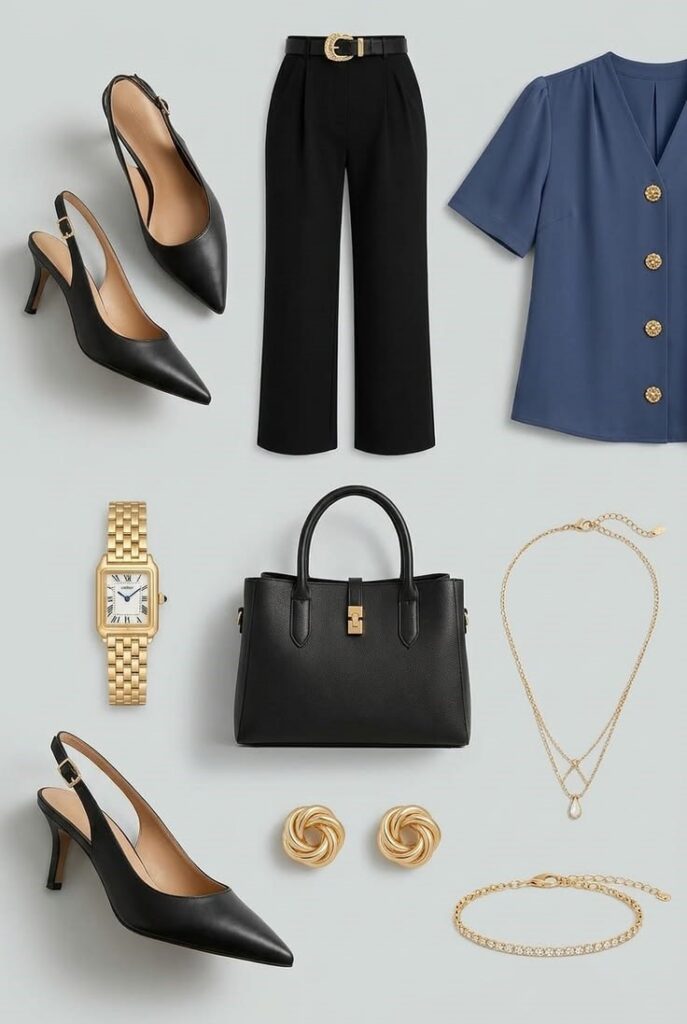 A close-up of a professional outfit showing elegant accessories—a structured handbag, watch, necklace, and polished loafers or heels.