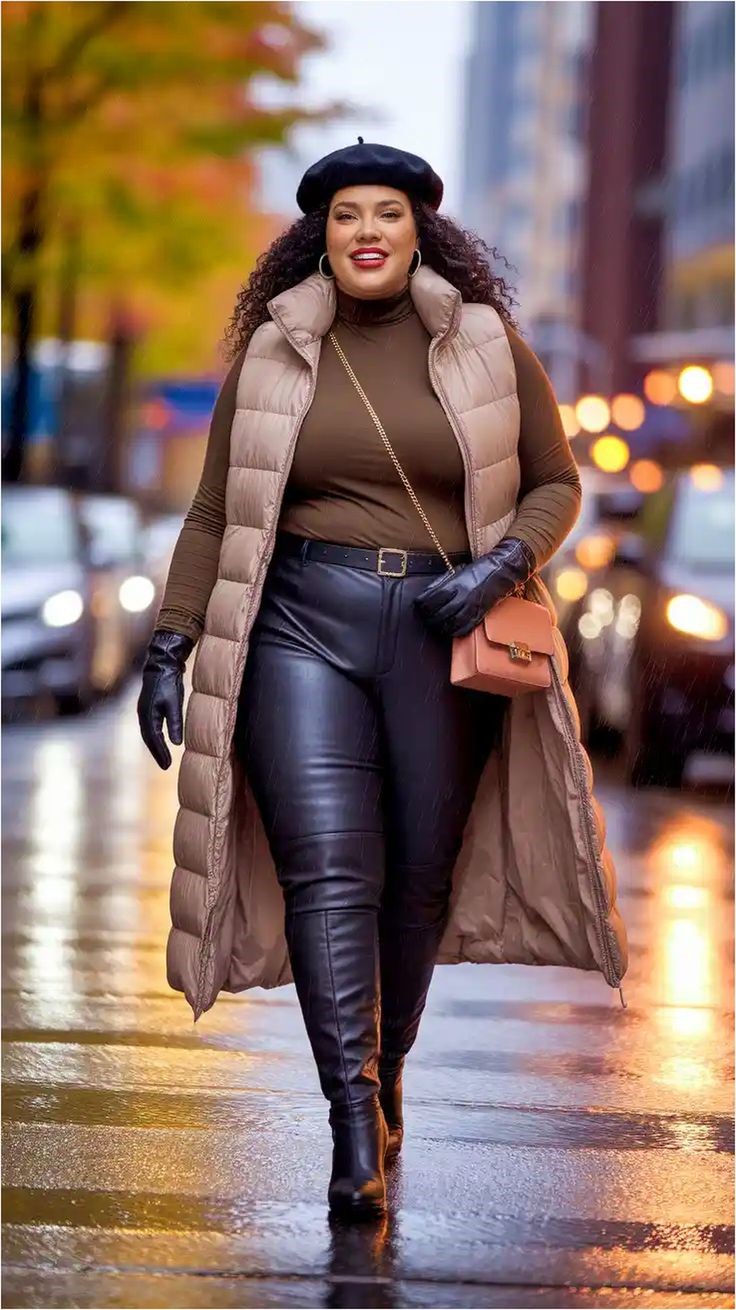 Plus-size woman wearing a puffer vest, fitted top, faux leather pants, and ankle boots on a rainy city street.