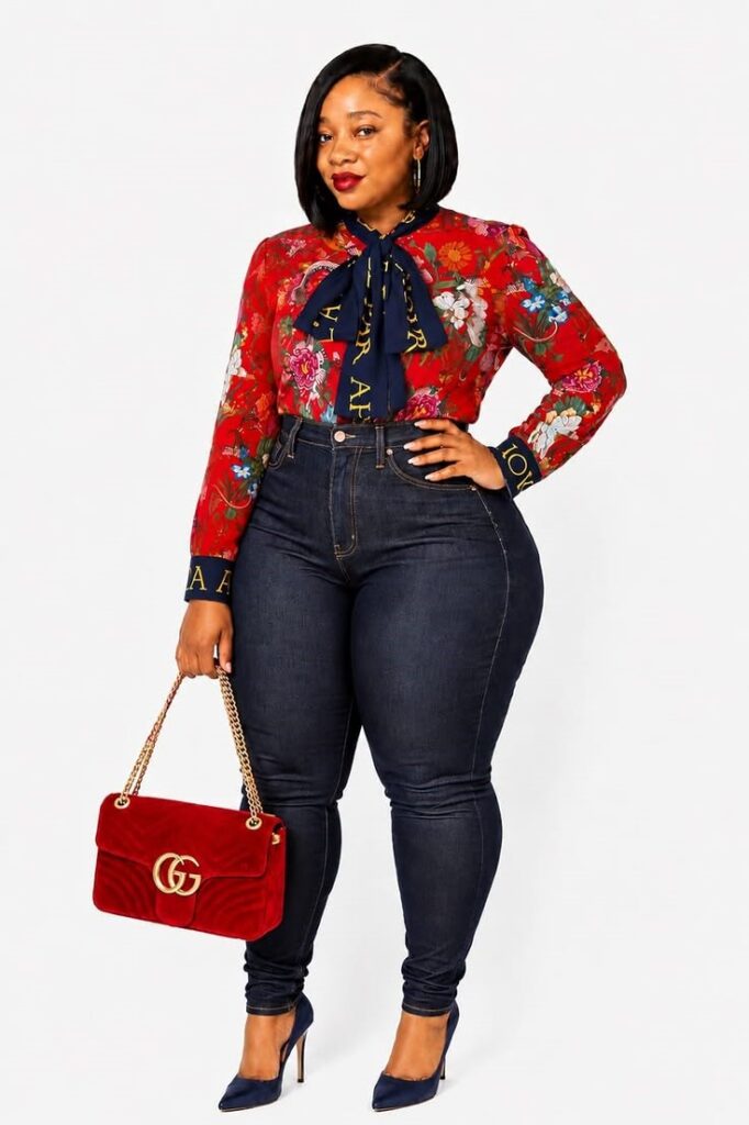 Plus-size woman wearing a red floral print blouse with dark skinny jeans, navy heels, and a matching red handbag.