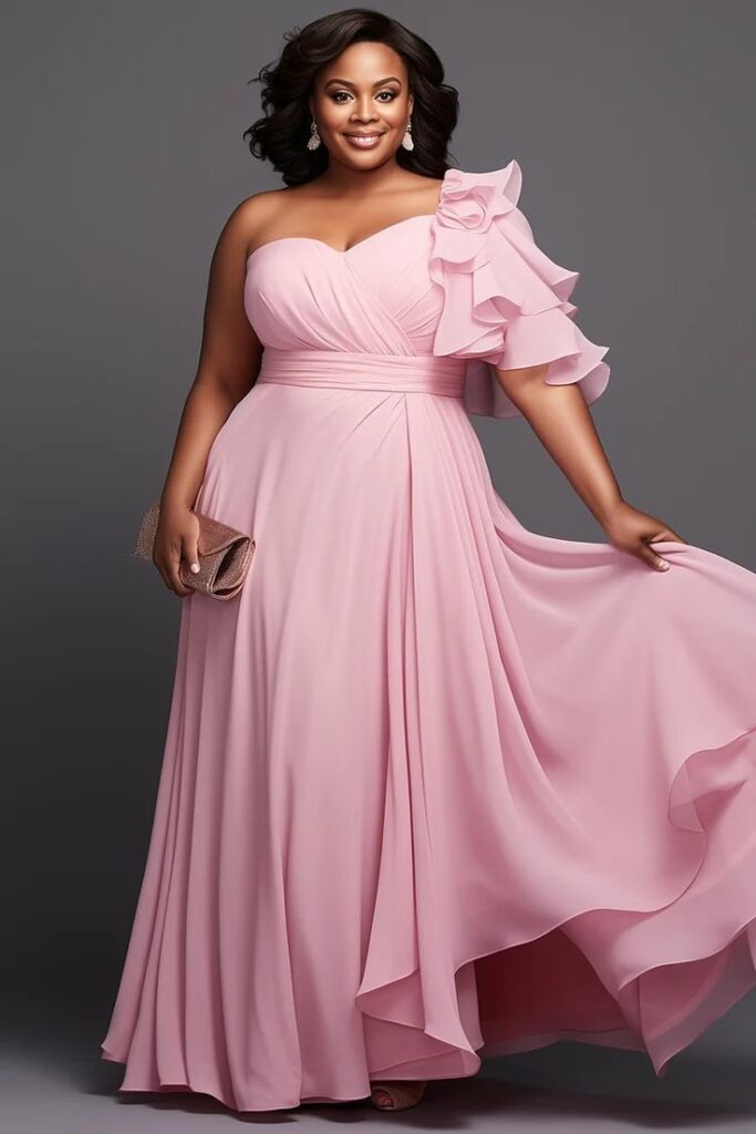Plus size ruffle maxi dress with a one-shoulder design and flowing floor-length skirt.