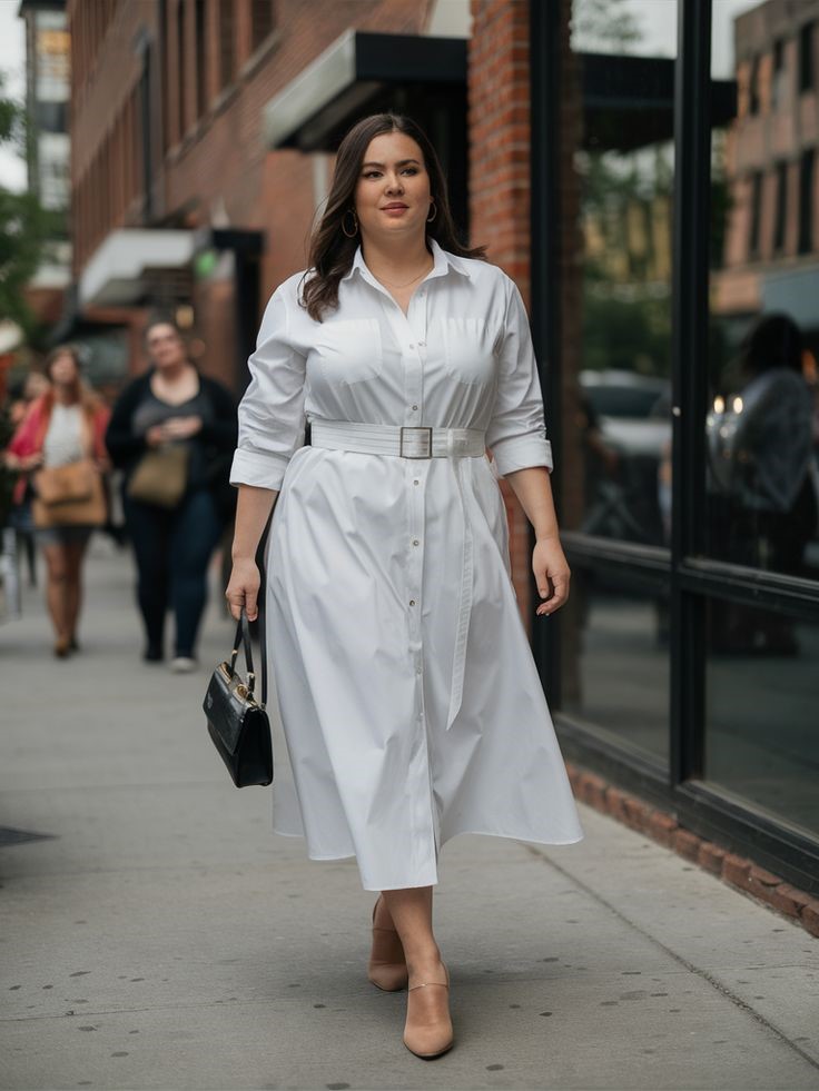 Plus size woman wearing a stylish shirt dress for a casual everyday outfit.