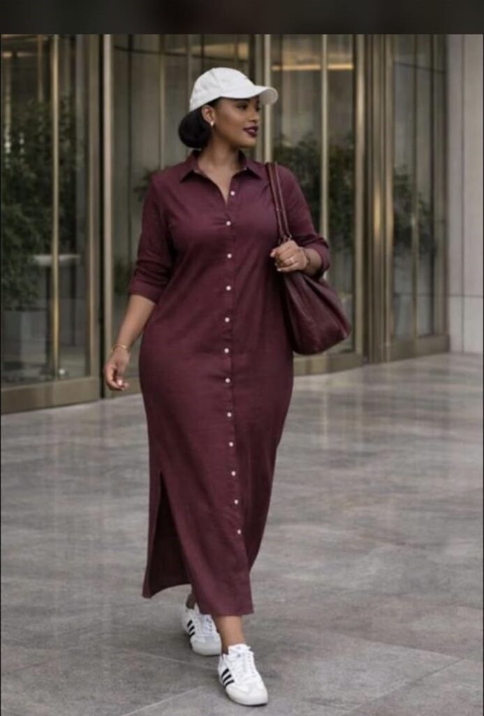 Woman wearing a plus size shirt maxi dress with sneakers for a casual everyday look.