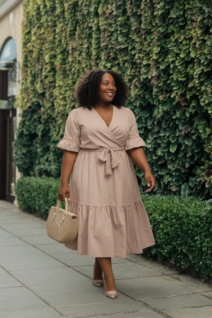 Plus size woman wearing a comfortable smocked dress for an everyday look.