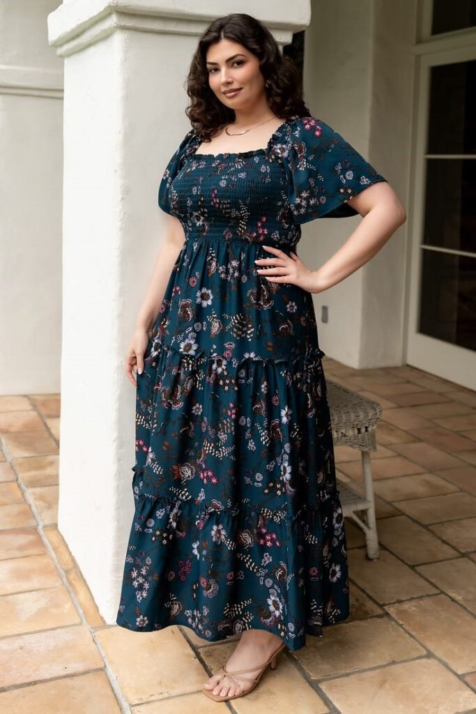Plus size smocked maxi dress with a stretchy bodice and flowing skirt