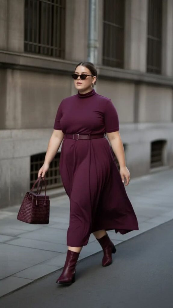 Plus size woman wearing a monochrome outfit with a structured handbag and minimal accessories for an elegant look.