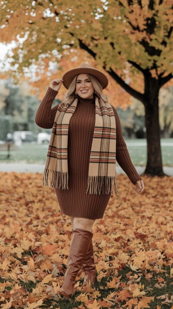 Plus size woman wearing a cozy sweater dress with boots during fall.