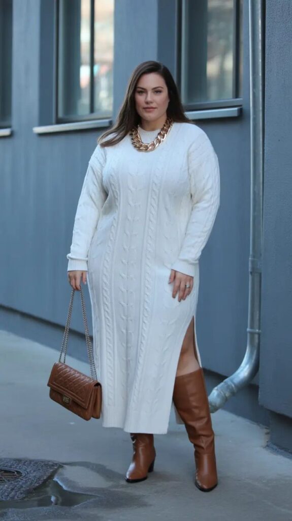 Plus size woman wearing a cable knit sweater dress with knee-high boots for winter