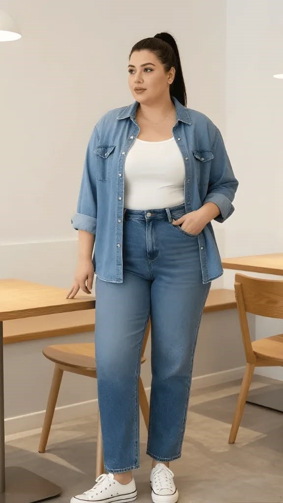 Wardrobe basics for plus-size women including jeans, neutral tops, and everyday essentials.