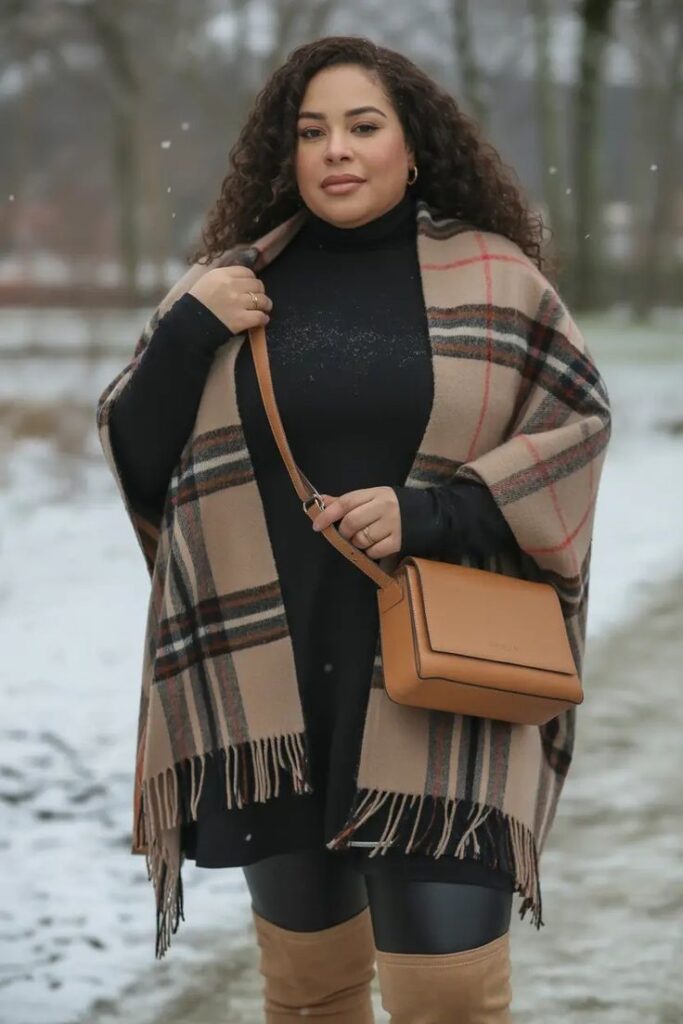 Plus size woman wearing a layered winter outfit with a wool coat, knit sweater and boots