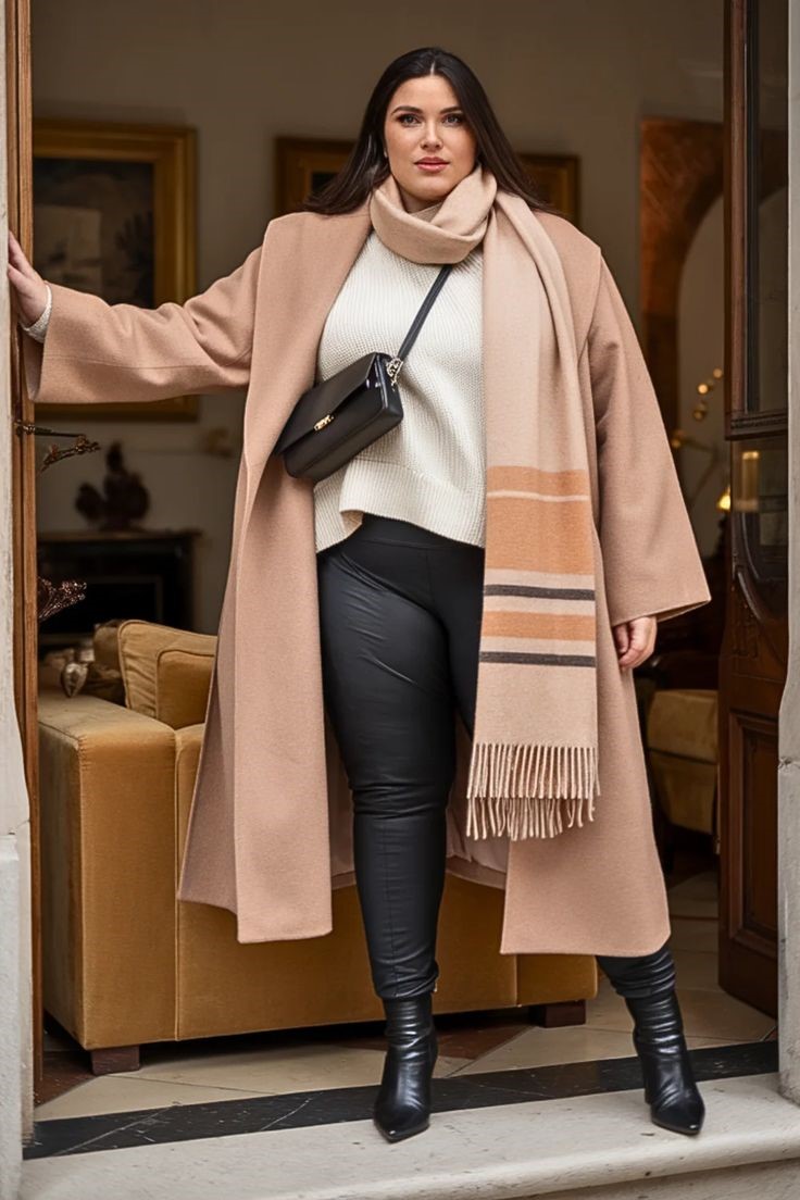 Winter layering outfit ideas for plus size women featuring a cozy coat and knitwear