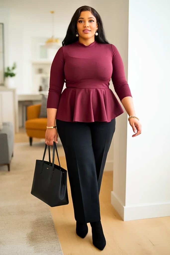 Plus-size woman wearing a burgundy peplum top and tailored trousers for a confident professional outfit