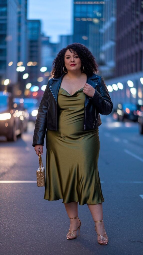 Confident plus-size woman wearing an olive satin midi dress with a black leather jacket and heels for a stylish evening look.