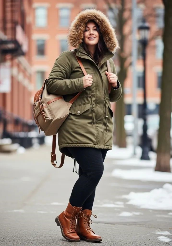 Plus size woman wearing a layered winter outfit with a fur-lined parka, leggings, lace-up boots, and a backpack