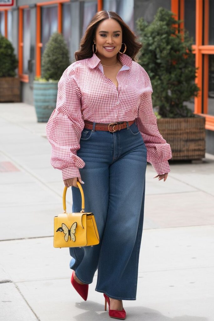 Confident plus-size woman wearing a gingham shirt, high-waisted wide-leg jeans, and a belt for a stylish everyday outfit.