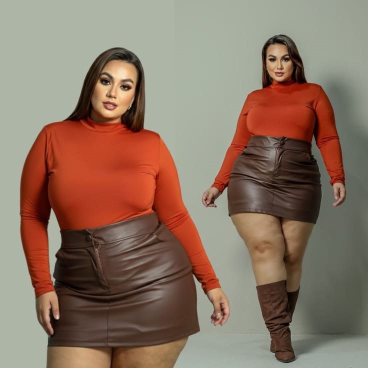Plus-size woman wearing a fitted rust top and brown leather mini skirt, demonstrating a stylish outfit that complements her body shape.