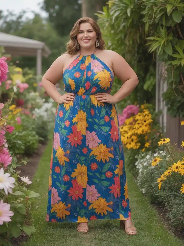 Plus-size woman wearing a bold floral maxi dress to show how colorful prints can create a stylish and confident look.