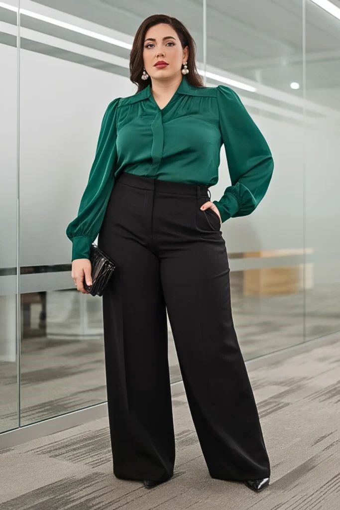 Stylish plus size work outfit featuring a green blouse and black wide-leg trousers for a professional office look