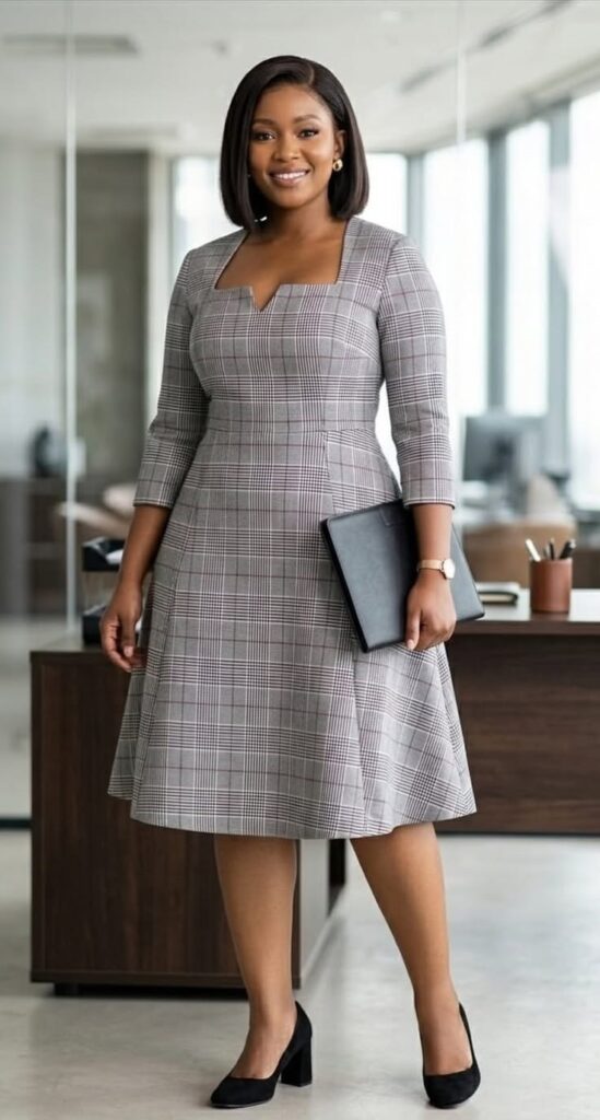 Stylish plus size work outfit featuring a plaid office dress that's perfect for a professional workplace
