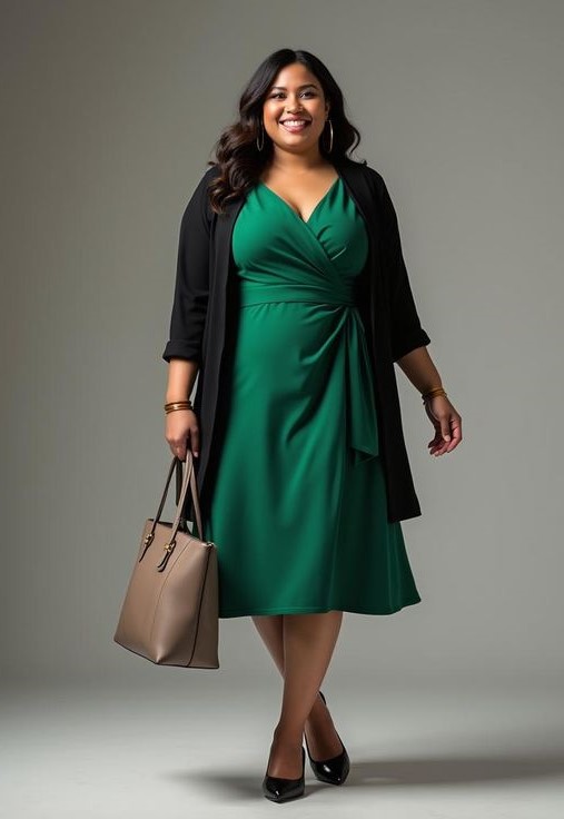 Plus-size woman wearing a green wrap dress with a lightweight black jacket for a chic rainy-day outfit.