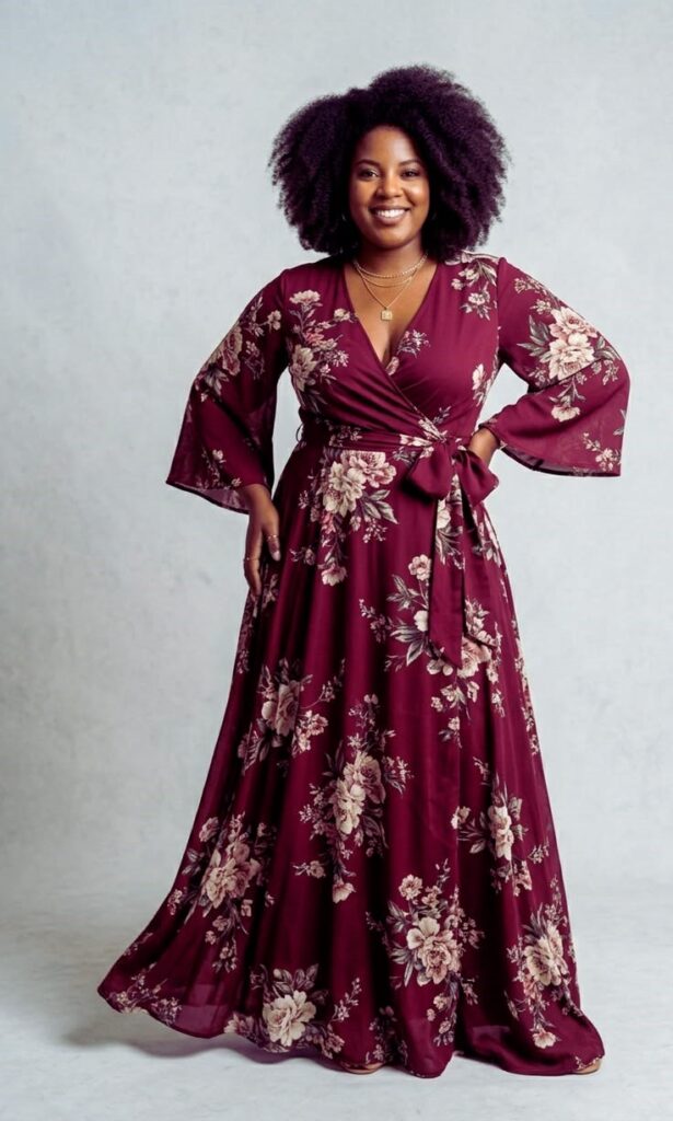 Plus size wrap maxi dress with a flattering waist tie and flowing skirt