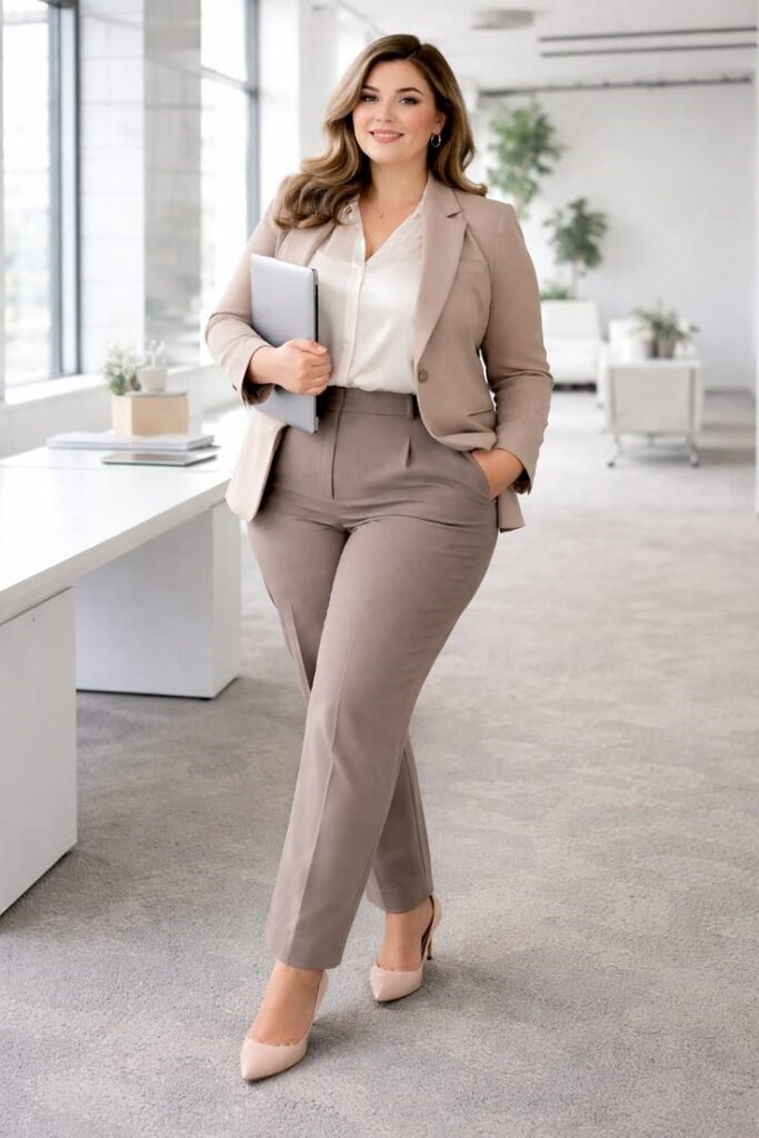 Confident plus-size woman wearing a professional blazer and tailored trousers for the office