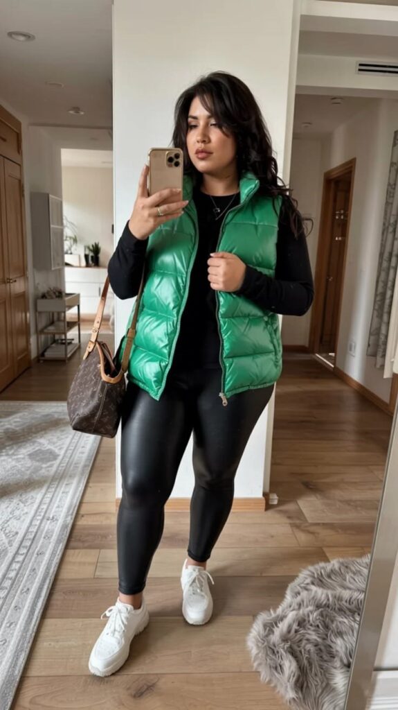 Woman wearing a green puffer vest with black leggings and white sneakers for a casual fall outfit idea.