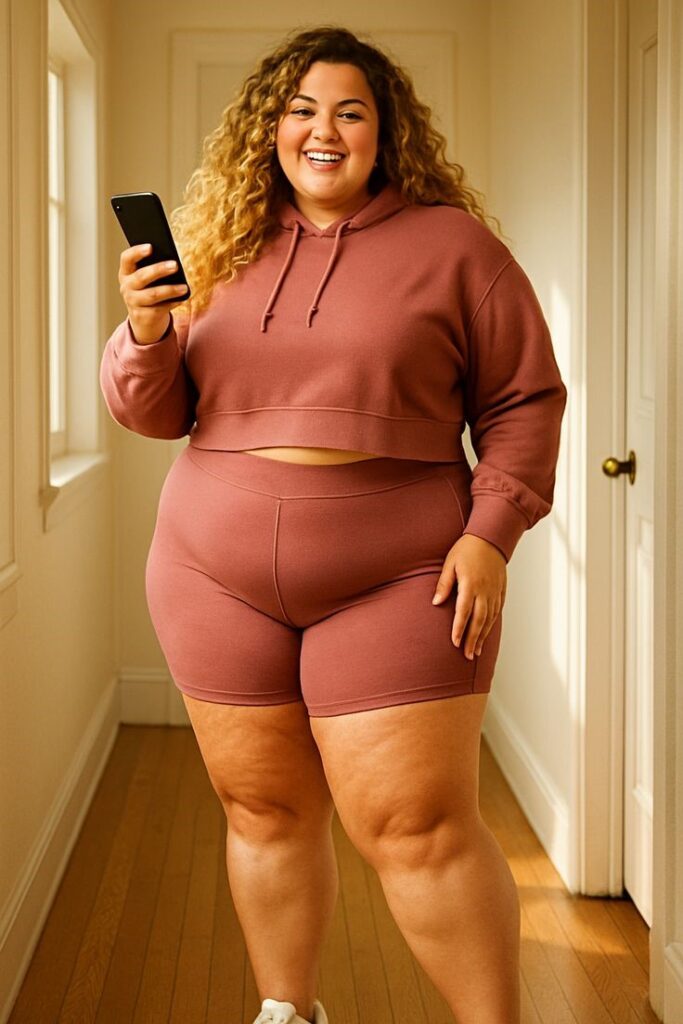 Plus-size woman with a rectangle body shape wearing a fitted cropped hoodie and biker shorts that show her natural proportions.